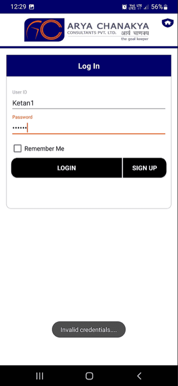 Original Arya Chanakya login screen